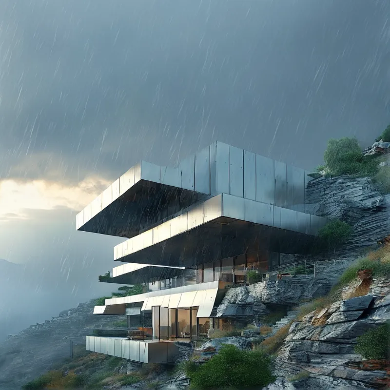 Cantilevered metallic cladding hillside residence perched on rugged rock under a rain streaked dusk sky with warm interior light visible through large glass panes