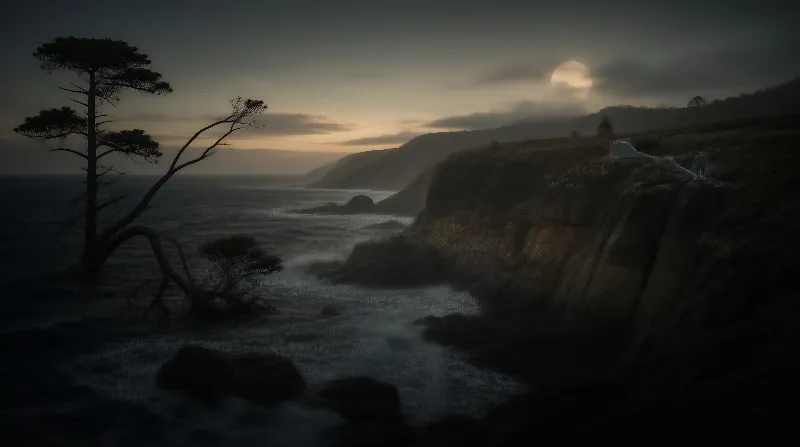 Moonlit Coastal Cliffs at Dusk