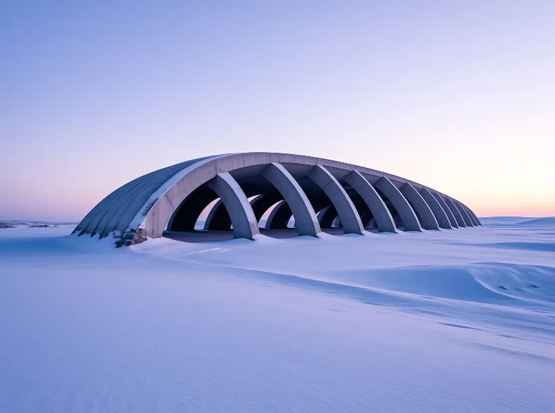 A row of arched concrete ribs stretches across a pale blue snowfield beneath a soft sunset sky.
