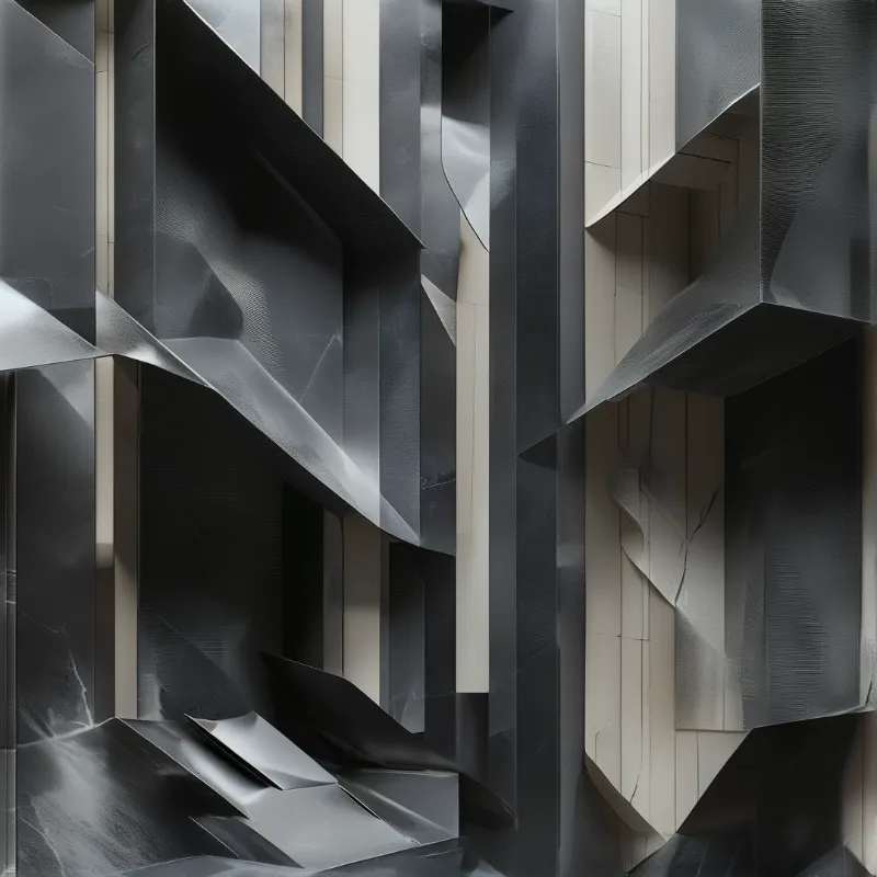 A building facade of crumpled dark metallic angular panels paired with light beige vertical slats and crisp deep shadows