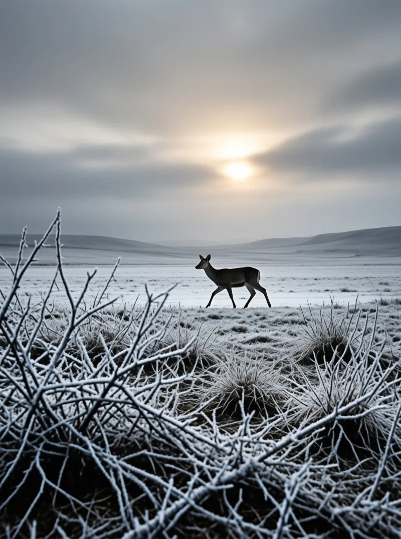 A deer walks across a snowy landscape with the sun shining through the clouds.