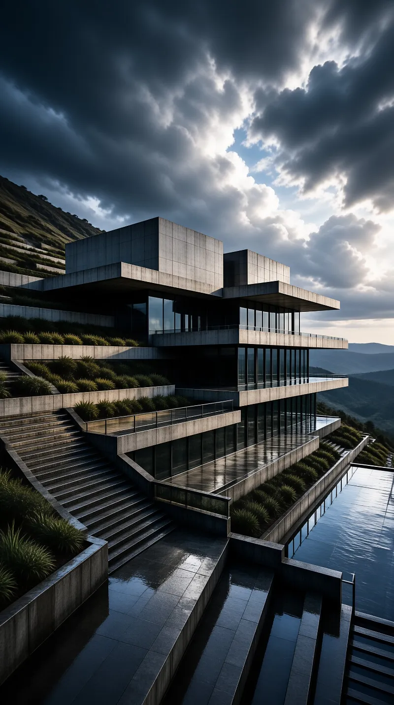 A tiered concrete building with expansive glass walls sits on a lush hillside beneath dramatic clouds.