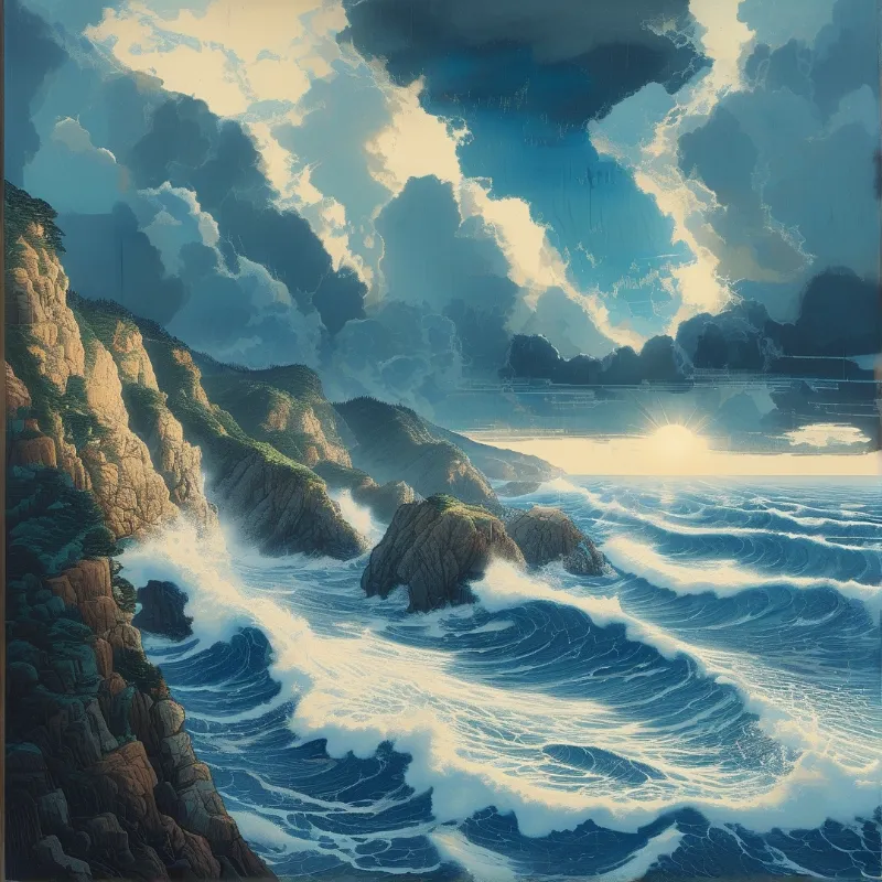 Steep rocky cliffs rise from a churning blue ocean as bright sunlight breaks through the heavy clouds above.