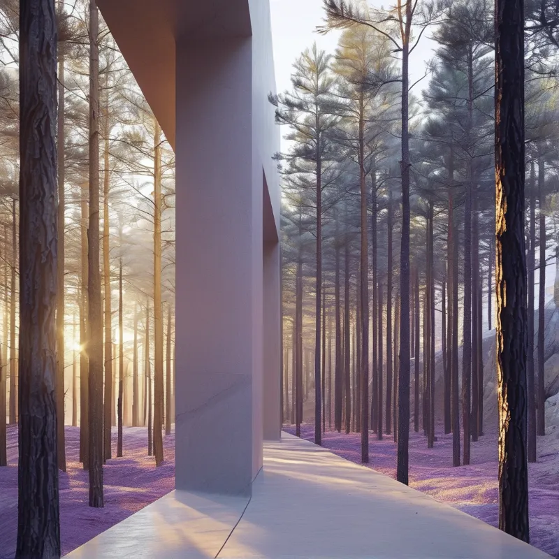 A stark white concrete wall extends through a dense pine forest illuminated by soft golden sunlight filtering from the left.
