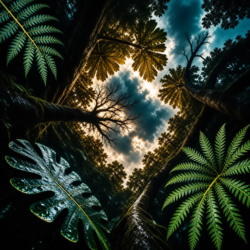 Low angle view of jungle foliage framing mossy tree trunks, golden light cutting through dark teal clouds over the forest.