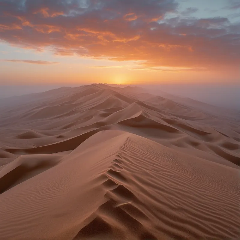 Expansive desert terrain features rolling dunes with wind ripples beneath a colorful twilight sky filled with scattered clouds.