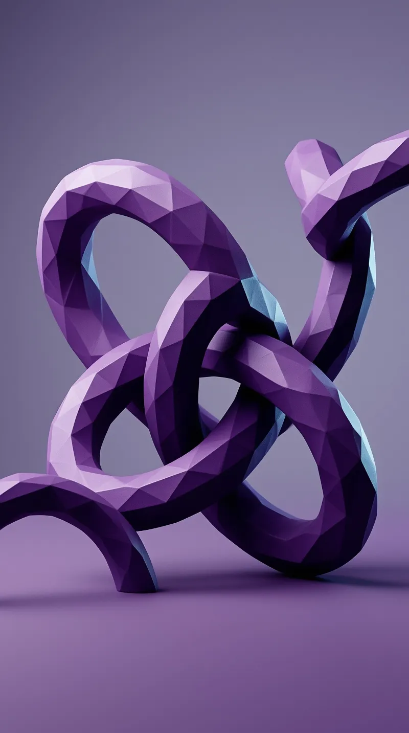 A faceted purple sculpture with interwoven loops sits on a gradient background under soft directional lighting