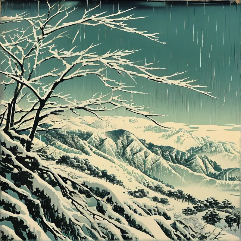 A bare snow covered tree spreads over teal mountains and falling snow streaks in a vintage print style.