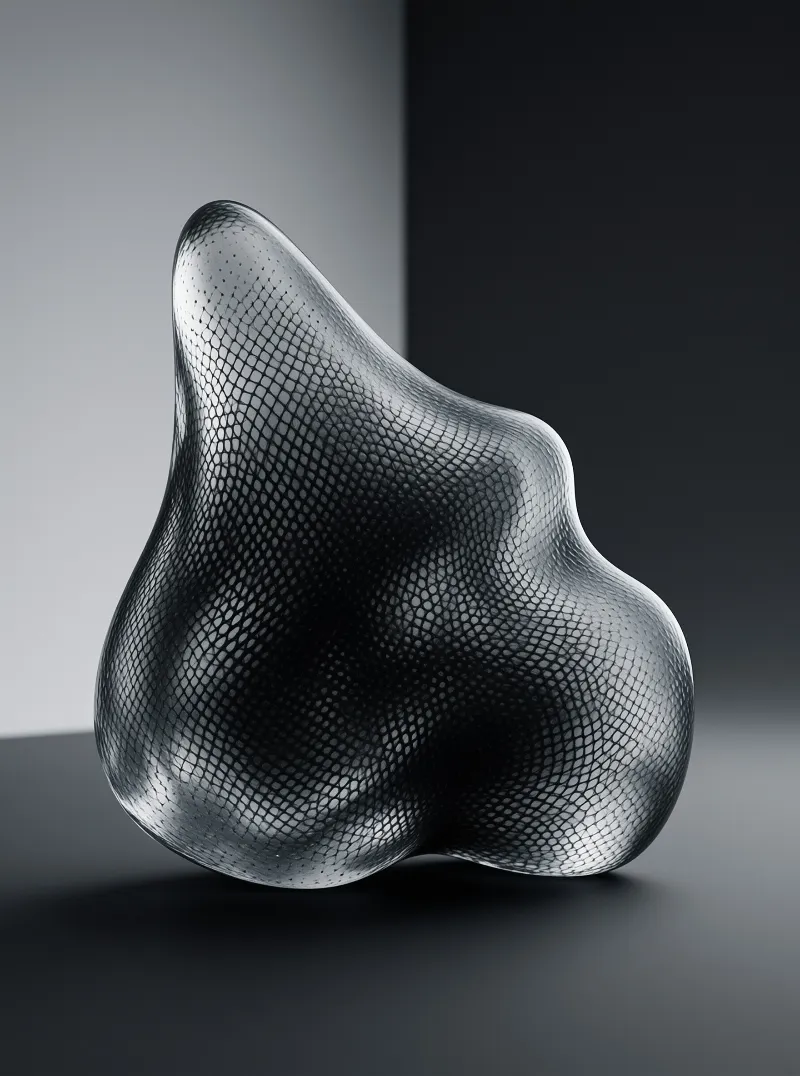 A smooth metallic object covered in a black mesh pattern rests on a dark surface against a split grey background.