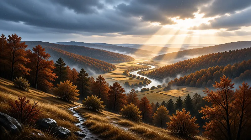 Sunbeams illuminate a winding river and patchwork fields surrounded by orange autumn forests and rolling misty hills.