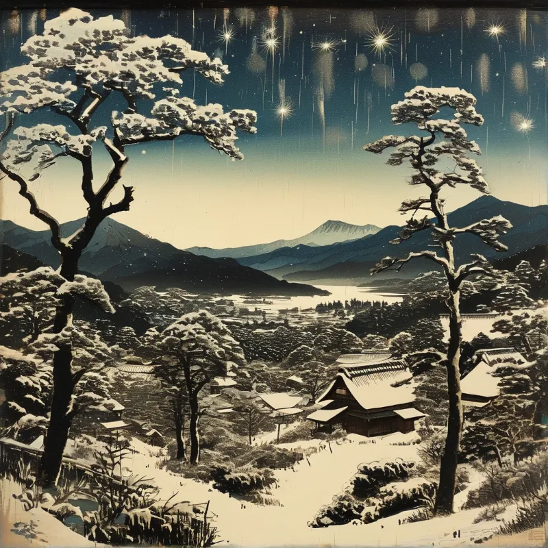 A snowy Japanese village with thatched roofs sits in a mountain valley under a starry sky filled with falling meteors.