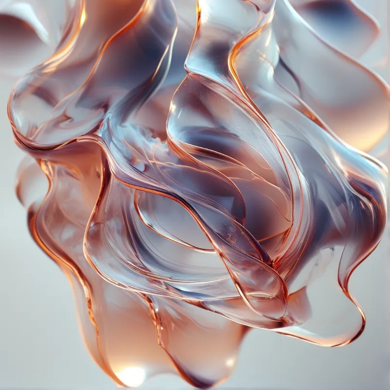 An abstract fluid sculpture with shimmering copper and blue hues under soft even lighting