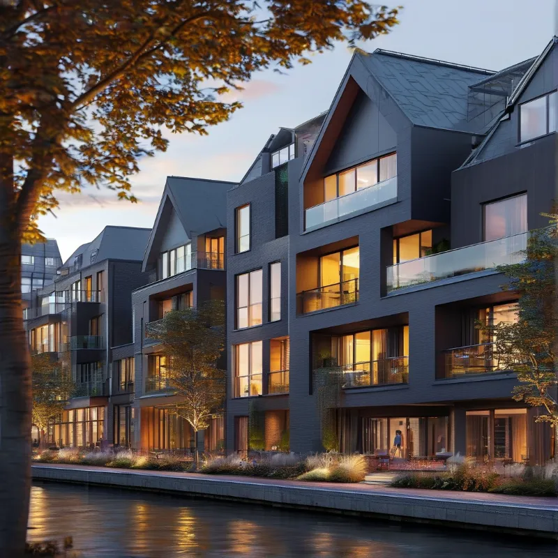 Dark modern waterfront apartments with warmly lit windows line a still canal beside golden autumn trees
