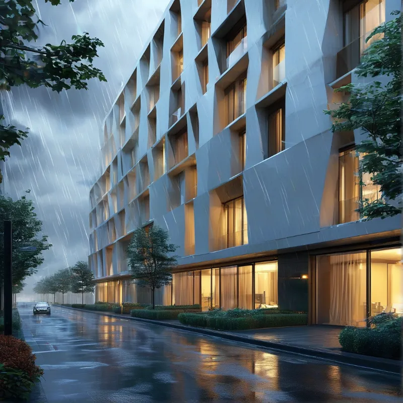 Angled white panels frame warm lit windows above a wet street where rain streaks the dusk sky and hedges line the walk