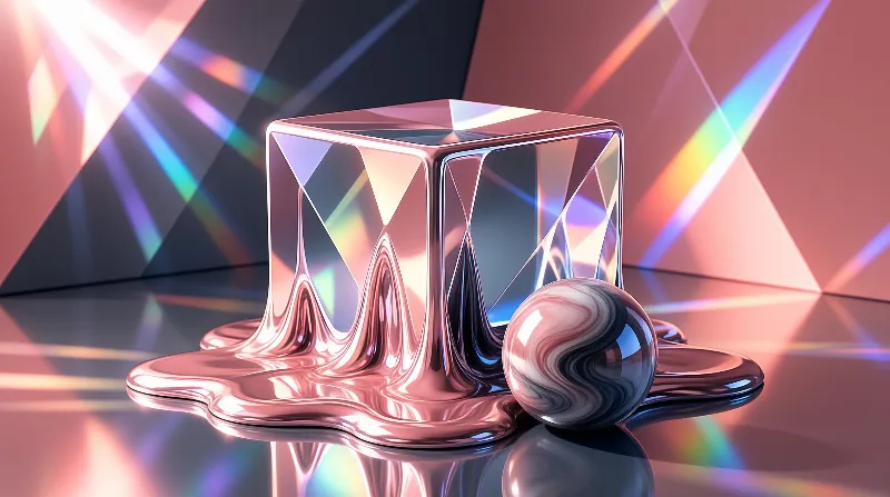 A shiny metallic cube is melting at the bottom onto a reflective surface while sitting next to a sphere with swirling black and white patterns under colorful beams of light.