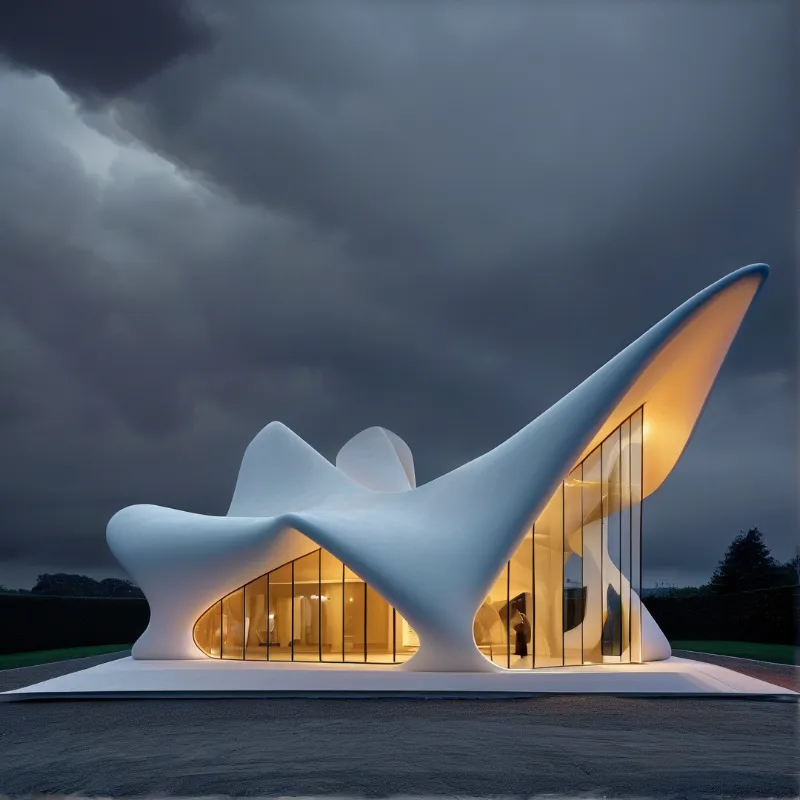 A white organic building with large glass windows glowing warmly against a dark stormy sky at dusk.