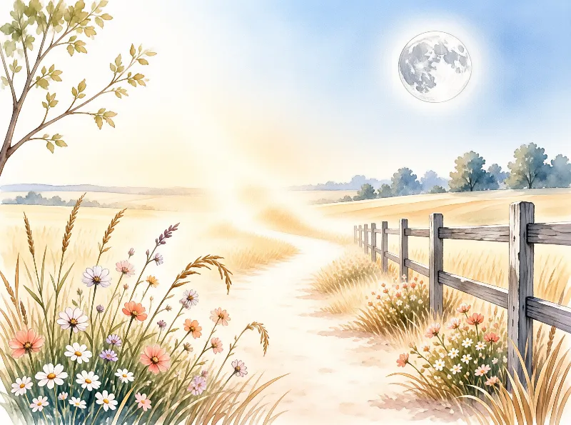 A winding dirt path cuts through golden grass and wildflowers next to a wooden fence under a large moon.