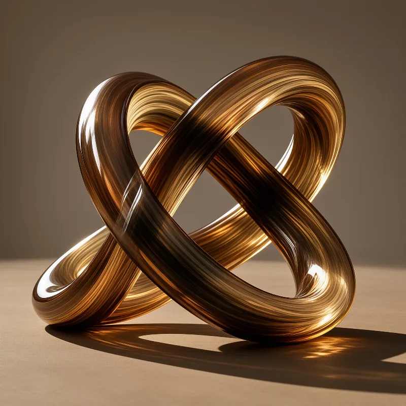 Two translucent ribbons of honey colored glass cross in a figure eight, casting warm reflections on neutral ground.
