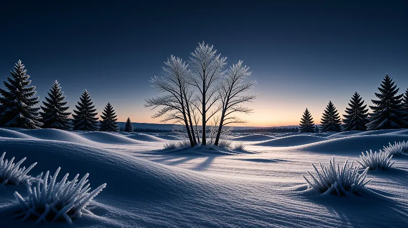 Bare deciduous trees stand in a snowy field flanked by evergreens under a gradient dawn sky.