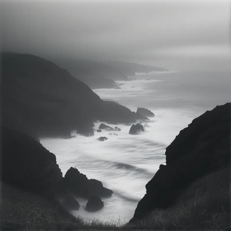 Dark jagged cliffs frame a smooth white sea that fades into a hazy gray distance under an overcast sky.