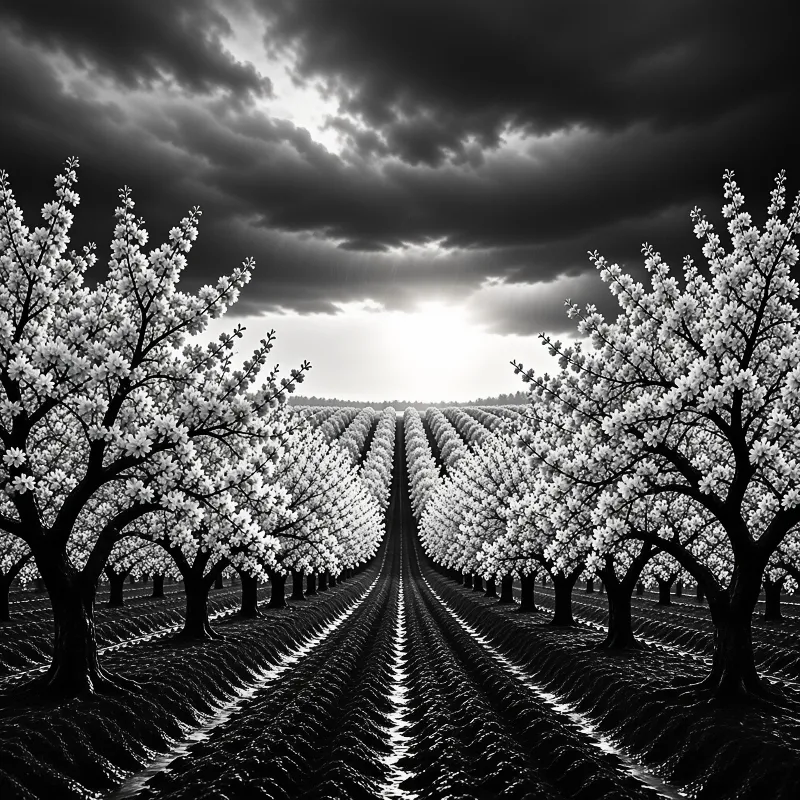 High contrast black and white view of flooded almond orchard rows extending to the horizon beneath heavy dark storm clouds with bright central light.