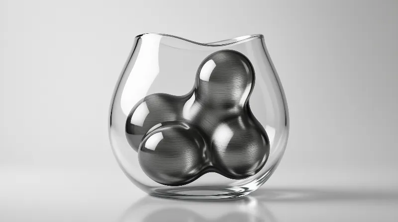 A clear glass vase sits on a reflective surface containing a dark shiny fluid shaped object with strong highlights within a neutral grey environment.
