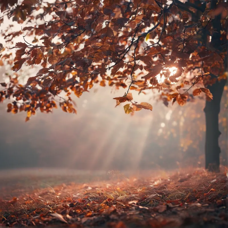 Rust colored beech leaves hang over a forest floor carpeted with fallen foliage in hazy light