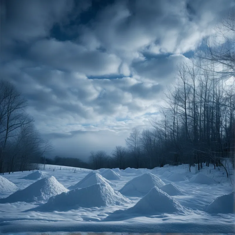 Snow-covered ground features numerous drifts beneath a dramatic overcast sky with bare trees lining the edges.