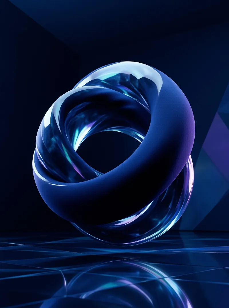 A looping translucent ribbon twists between matte navy and clear glass sections, catching violet highlights in a dark room.