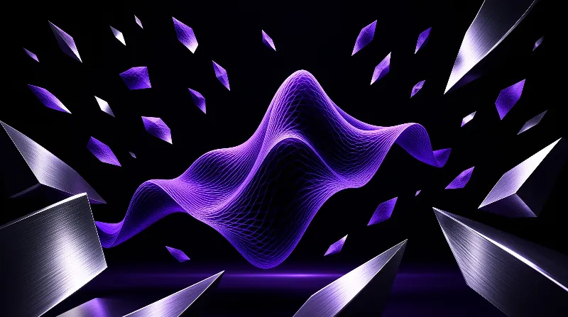 A glowing purple wireframe ribbon flows through a dark void surrounded by floating silver and violet crystal shards.