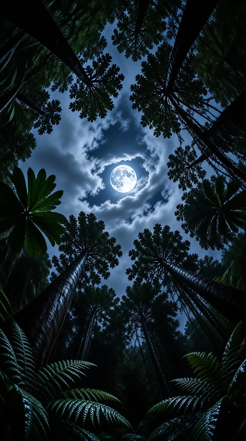 A luminous full moon hangs in a cloudy night sky framed by the dark silhouettes of tall trees and ferns in a dense forest.