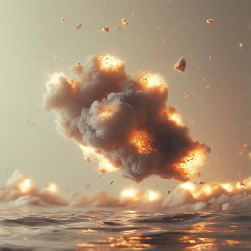 A large fiery explosion erupts from the water with smoke and debris