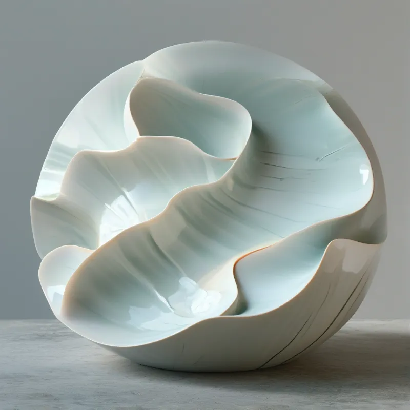 A pale blue ceramic bowl with wavy edges sits on a grey surface under soft, even lighting.