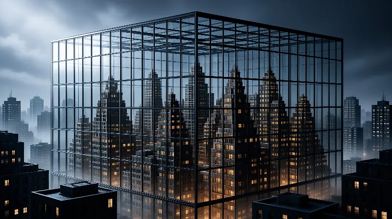 A transparent glass grid structure rises above a misty skyline filled with warm glowing windows during the blue hour.