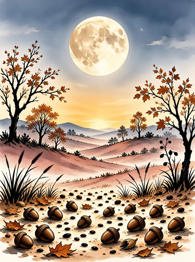 Autumn landscape with scattered acorns and fallen leaves beneath a bright full moon in a softly lit sky with distant hills.