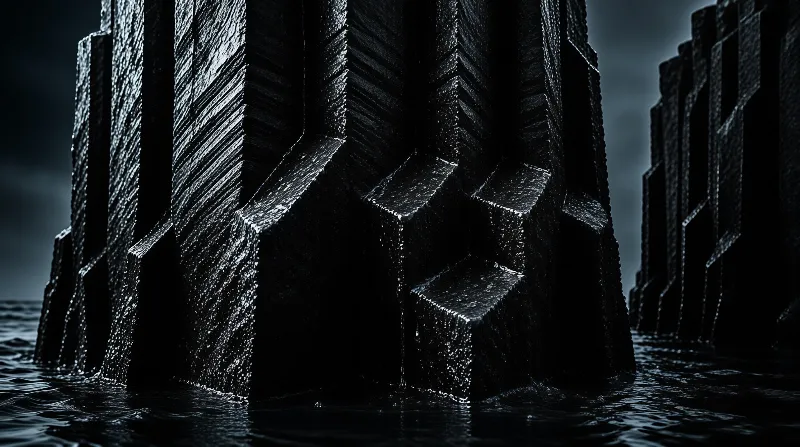 Dark vertical structures rise from rippling water with wet reflective highlights on their edges.