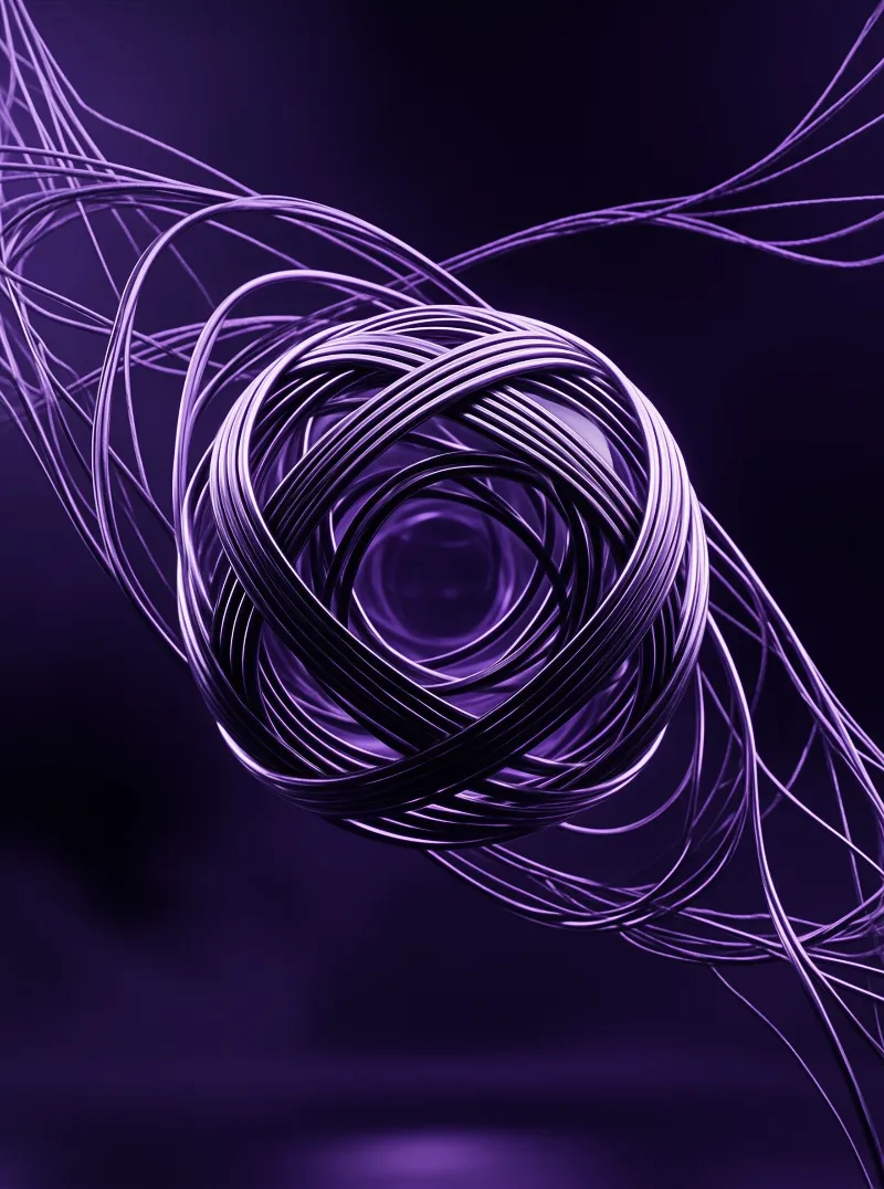 A complex sphere of purple metallic wires twists against a dark background with reflective highlights.
