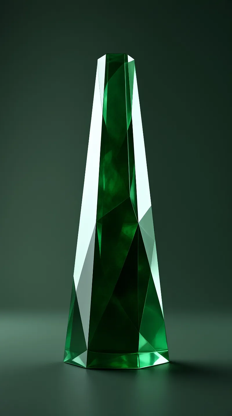 A tall tapered green gemstone with sharp reflective facets rests upright on a matte dark background.