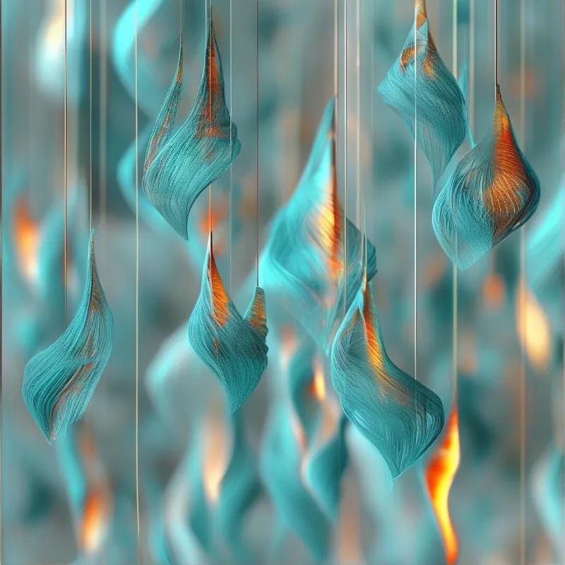 Wisps of blue-green fiber hang from thin threads, each glowing with a warm amber core