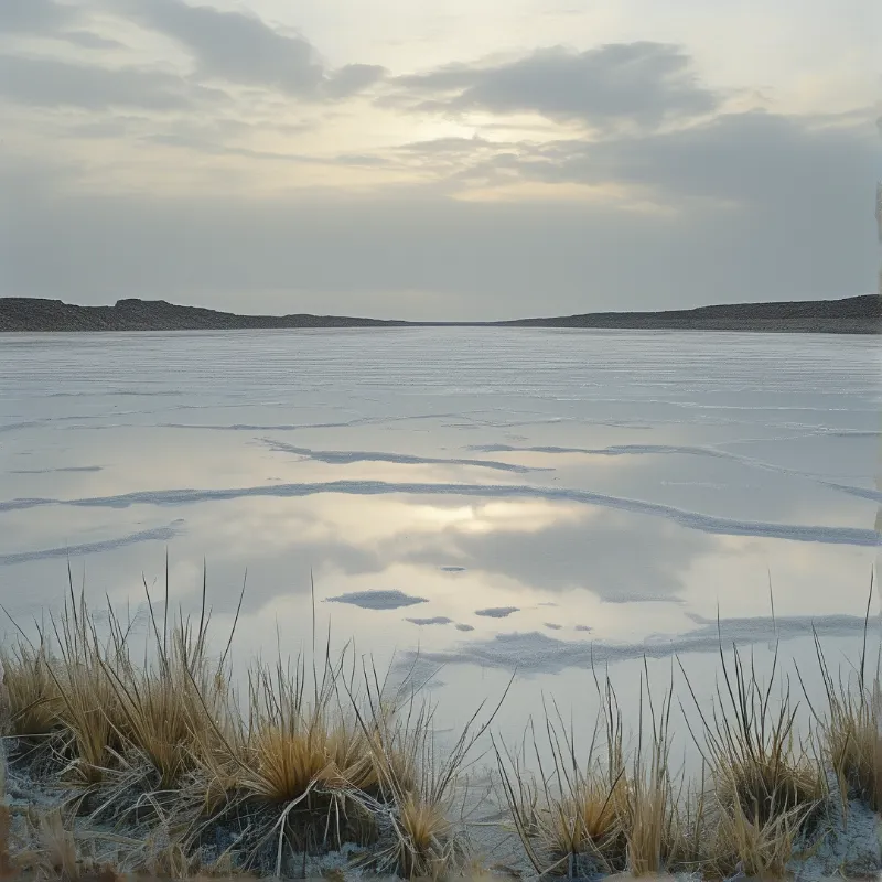 A shallow salt flat with cracked sediment reflects the cloudy sky, bordered by dry grass tufts and distant hills.
