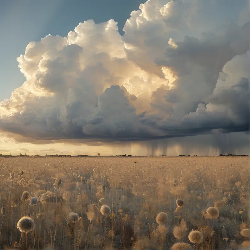 A massive cumulonimbus cloud looms over sunlit golden grasses while rain shafts fall to the flat horizon.