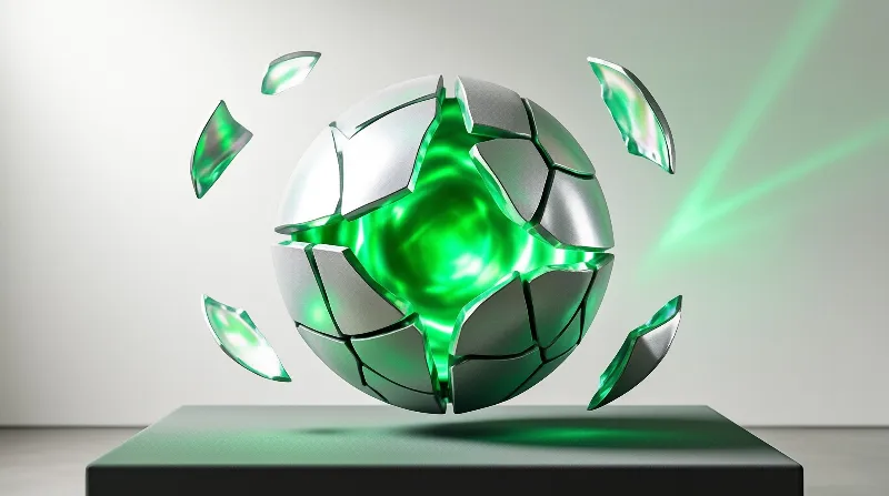 A shattering silver sphere exposes a bright green energy source inside its shell.