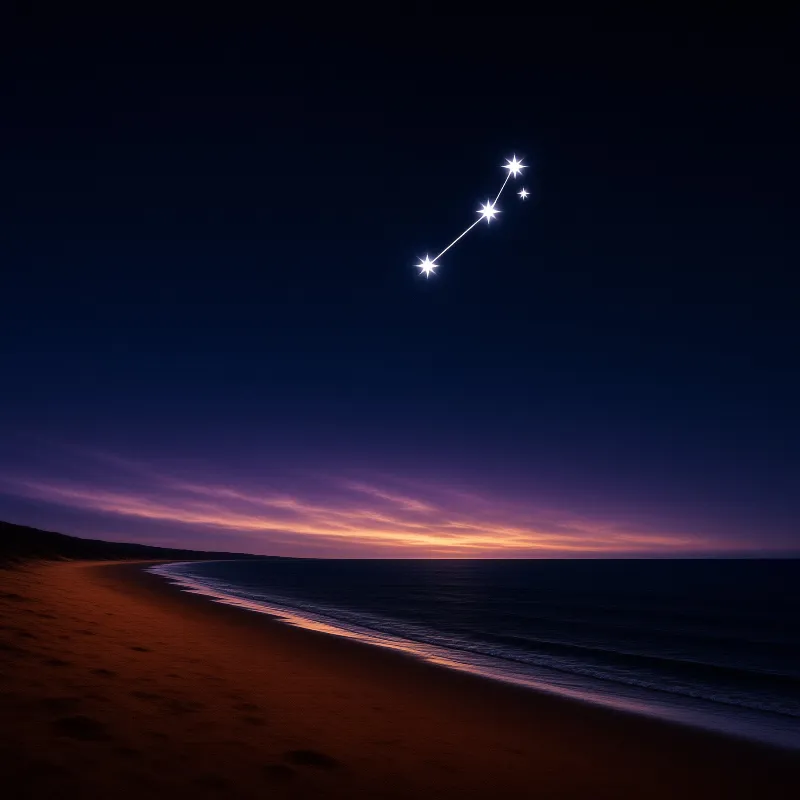 Four bright stars linked across a deep blue night sky over a quiet beach glowing with the last orange light of sunset.