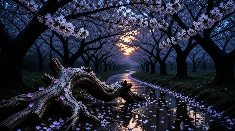 A gnarled fallen branch lies by a stream as rows of blooming cherry trees arch overhead toward a soft sunset glow.