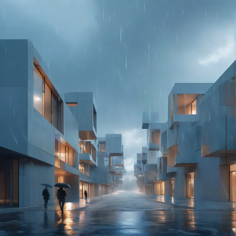 Rain falls on a street flanked by white cubic structures while warm interior lights reflect off the wet pavement.