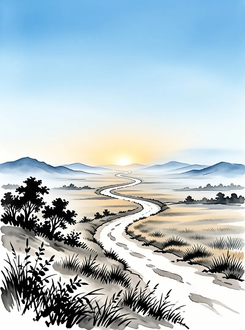 A winding dirt path winds across a grassy misty valley toward a rising sun over distant blue mountains.