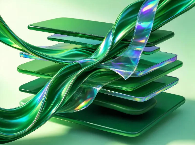 Shiny green holographic ribbons twist and flow over a series of stacked, glossy green rectangular layers with a soft light background