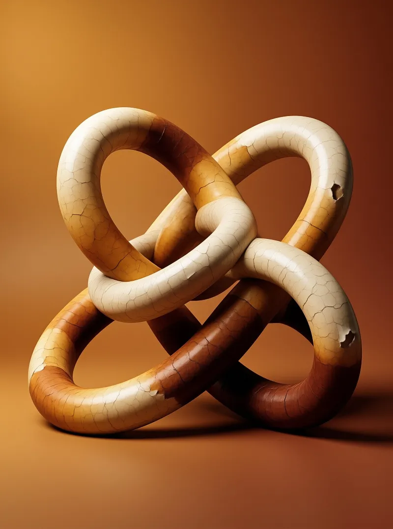 A looping glazed sculpture with crazed cream and caramel surfaces rests against a warm gradient wall.