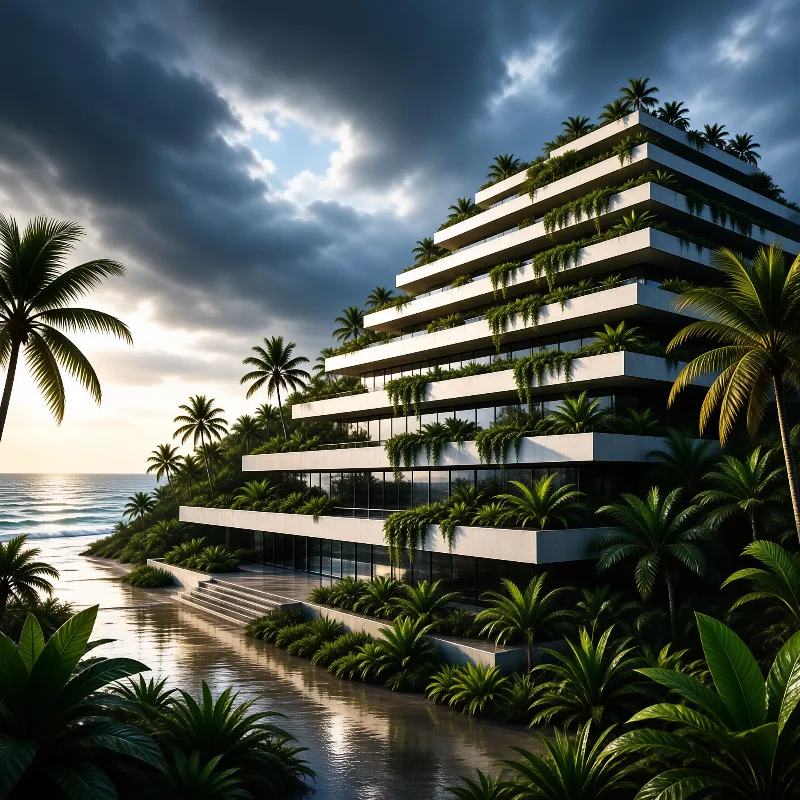 A multi-story white edifice displays cascading plants and balconies near the water with dramatic clouds above.