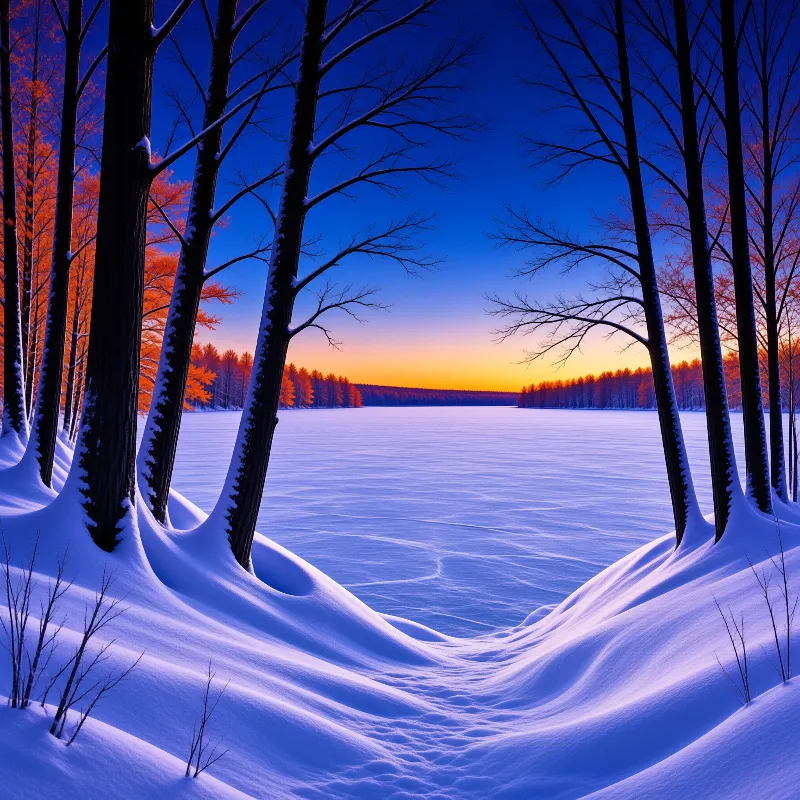 Snowy banks and black tree trunks frame a frozen lake, the far shore glowing orange beneath a deep blue winter dusk sky.